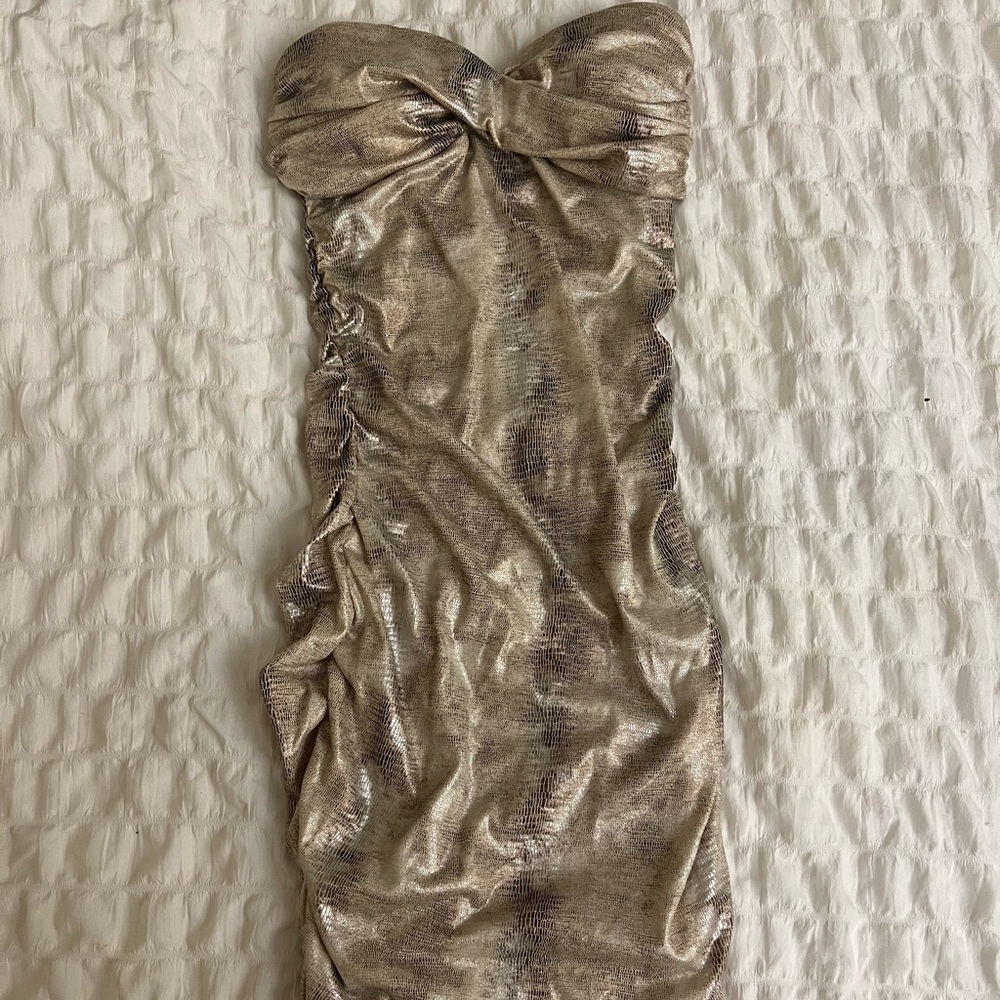 Gold Mini Bebe Scrunch Dress - SMALL